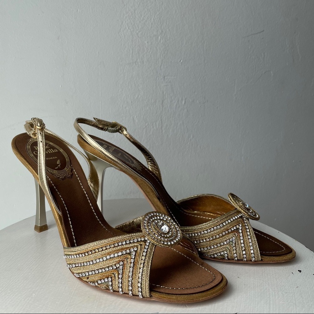 Beautiful Rene Caovilla gold/silver embellished sling back heels.